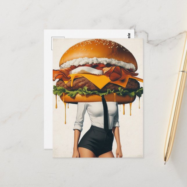 Carte Postale Femme surréaliste Cheeseburger (Devant/Arrière en situation)