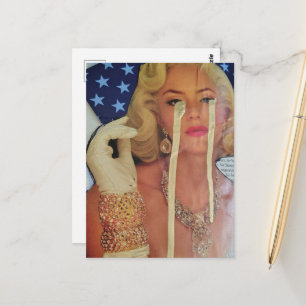 Carte Postale Femme surréaliste pleure des larmes d'or en collag