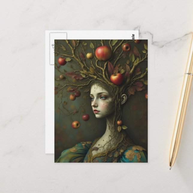 Carte Postale Femme surréaliste pommier (Devant/Arrière en situation)