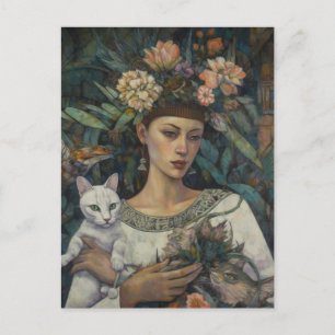 Carte Postale Femme tenant des chats Fleurs tropicales