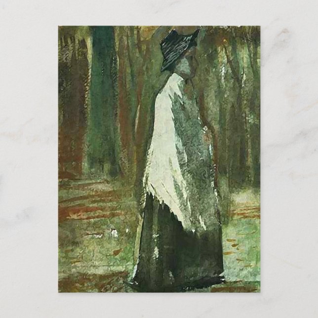 Carte Postale Femme Van Gogh avec châle blanc dans un bois (Devant)