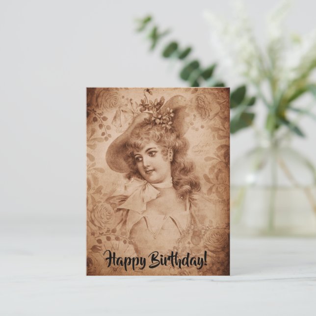 Carte Postale Femme victorienne en Fleurs Casquettes Sepia Monoc (Debout devant)