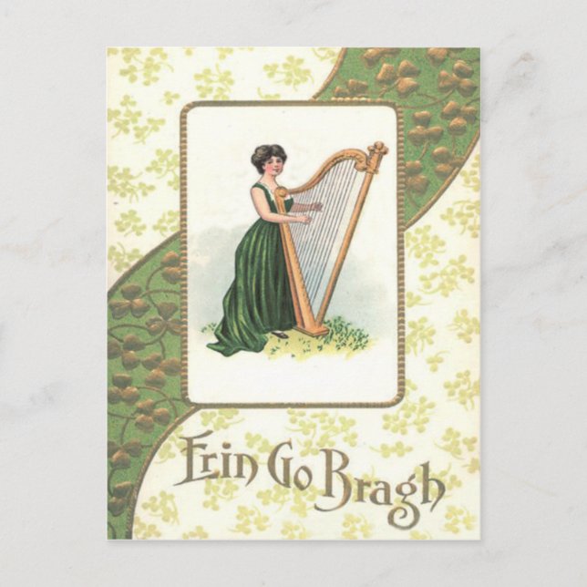 Carte Postale Femme victorienne Harpe Trèfle Or (Devant)