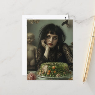 Carte Postale Femme vintage avec une salade de gélatine rétro