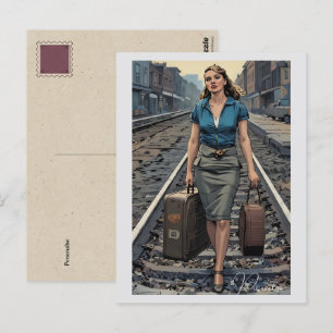 Carte Postale Femme Vintage Bagages Sur La Voie De La Gare