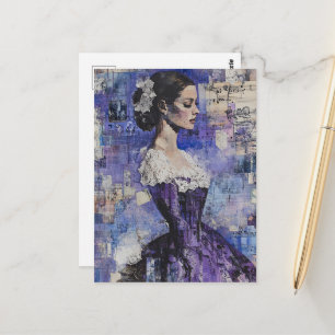 Carte Postale Femme Vintage Collage aux Médias Mixtes Violet