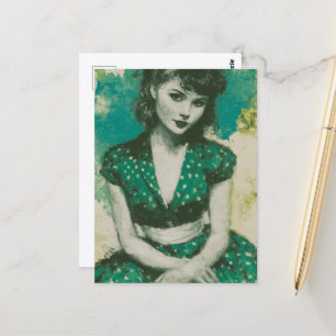 Carte Postale Femme vintage dans une robe verte à pois blancs