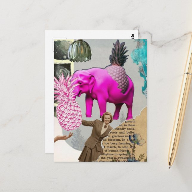 Carte Postale Femme Vintage Eléphant Rose Collage (Devant/Arrière en situation)