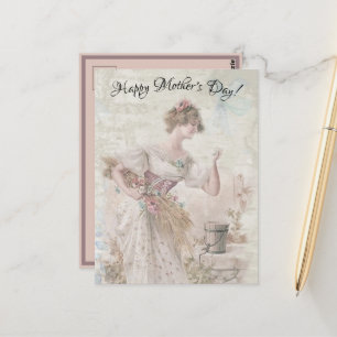 Carte Postale Femme Vintage en Détresse Cueillant des Fleurs Gra