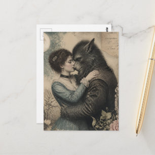 Carte Postale Femme Vintage et Loup-Garou en Amour