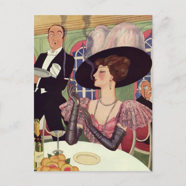 Carte Postale Femme vintage Fumer Cigarette Boire Champagne (Devant)