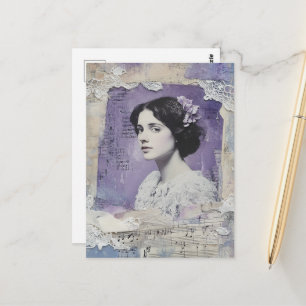 Carte Postale Femme Vintage Musique de Feuille de Collage Violet