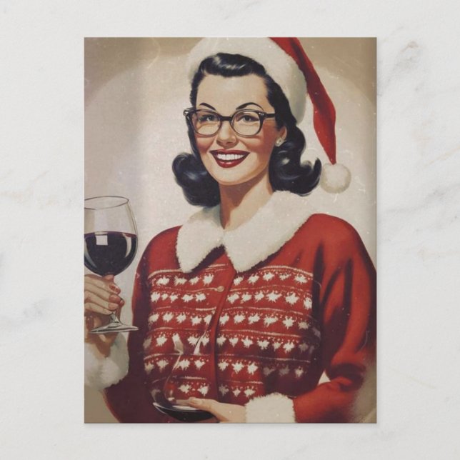 Carte Postale Femme Vintage Noël Vin (Devant)
