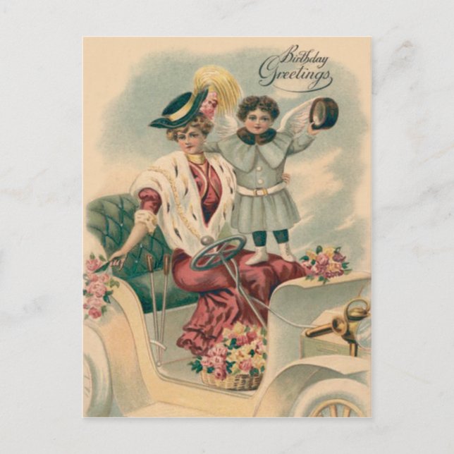 Carte Postale Femme Voiture Cherub Angel Roses (Devant)