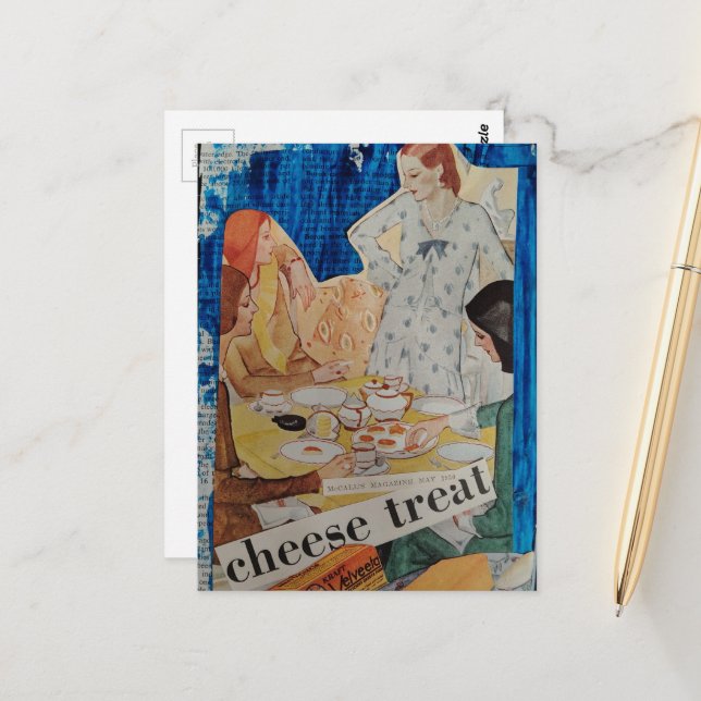 Carte Postale Femmes avec un fromage en 1930 Collage (Devant/Arrière en situation)