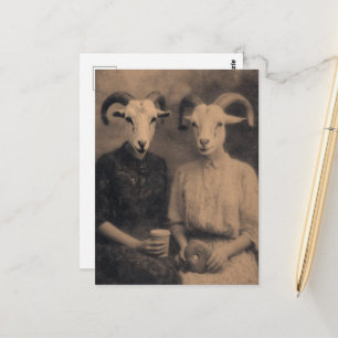 Carte Postale Femmes chèvres au thé et beignet rétro sépia