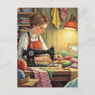 Carte Postale Femmes cousant dans une salle de bricolage cosy