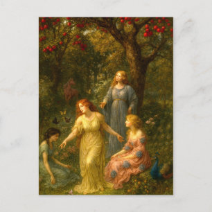 Carte Postale Femmes, Papillons & Paon Dans Le Jardin