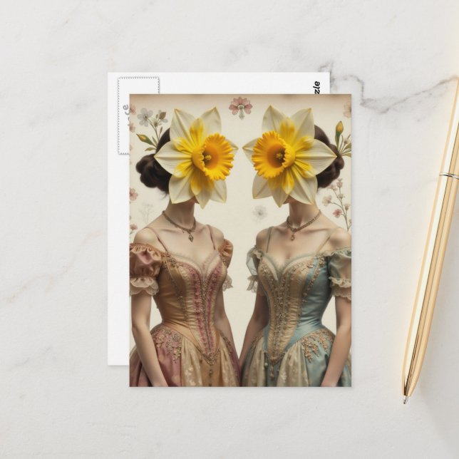 Carte Postale Femmes Rétro Avec Têtes de Jonquille (Devant/Arrière en situation)