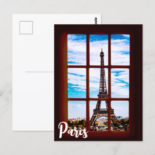 Carte Postale Fenêtre en bois avec vue sur la Tour Eiffel, Paris