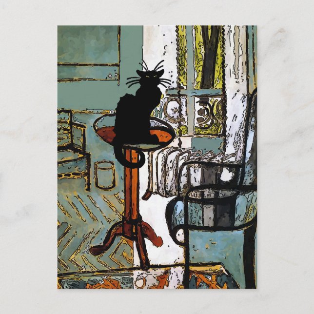 Carte Postale Fenêtre verte avec chat noir