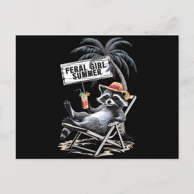 Carte Postale Feral Girl Summer Beach Funny Raccoon (Devant)