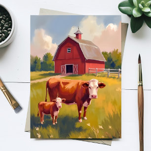 Carte Postale Ferme de la grange rouge Animaux Vache Peinture