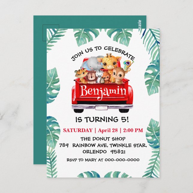 Carte Postale Ferme de la jungle du zoo mignon camion tracteur g (Devant / Derrière)