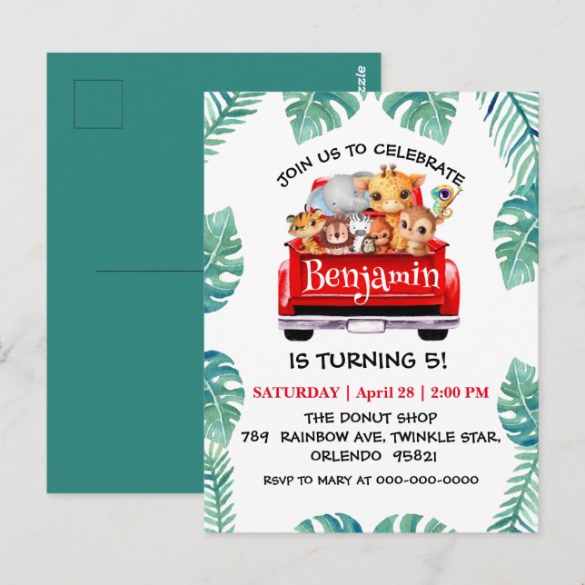 Carte Postale Ferme de la jungle du zoo mignon tracteur de camio (Devant / Derrière)