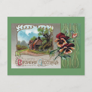 Carte Postale Ferme et Pansies Anniversaire Vintage