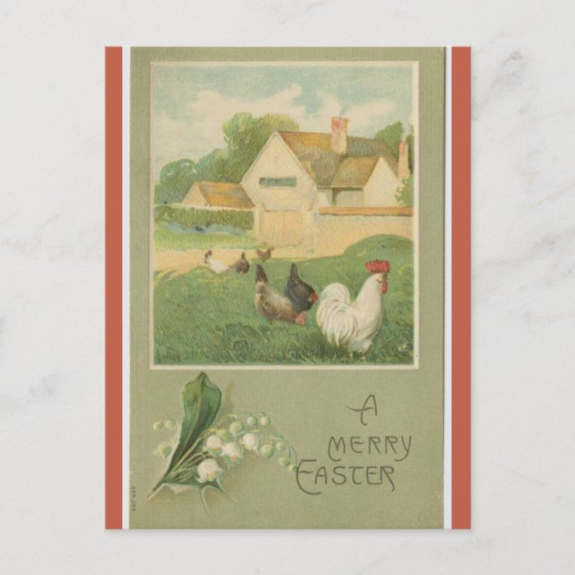 Carte Postale Ferme Vintage Avec Pâques aux Poulets (Devant)