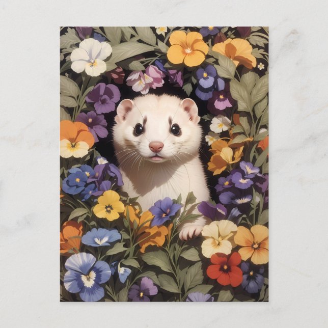 Carte Postale Ferret Cute Niché Dans Le Jardin De Pansies (Devant)