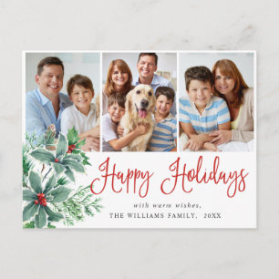 Carte Postale Festif Holly Berry Noël 3 Photo Holiday Post
