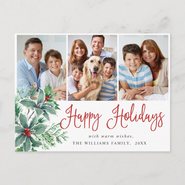 Carte Postale Festif Holly Berry Noël 3 Photo Holiday Post (Devant)