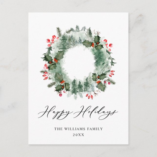 Carte Postale Festif Holly Berry Pine Forest Wreath Noël (Devant)
