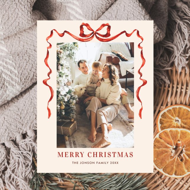 Carte Postale Festif Noël Boho Red Bow Ribbon Photo (Créateur téléchargé)