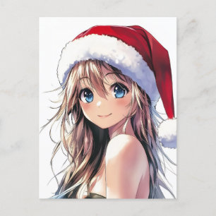 Carte Postale Festive Anime Girl Santa Hat avec yeux bleu clair