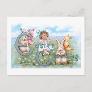 Carte Postale Festive Bunnies Vintages de Pâques, Enfant & Salut