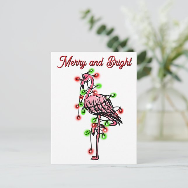 Carte Postale Festive holiday Flamingo  red green Xmas lights (Debout devant)