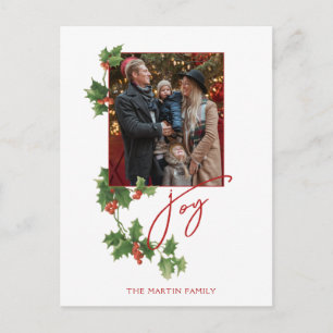 Carte Postale Festive Joy Calligraphy Script, Holly & Photo