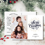 Carte Postale Festive Joyeux Noël Gold Starburst One Photo<br><div class="desc">Répandez des réjouissances avec cette carte postale avec un faux déferlement festif d'or et l'art de typographie lettré à la main qui dit "Joyeux Noël". Customisez en téléchargeant votre photo verticale. Le côté arrière contient vos salutations personnalisées, nom et note (ou supprimer pour laisser de l'espace pour une note manuscrite)....</div>