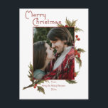 Carte Postale Festive Joyeux Noël | Holly | Photo<br><div class="desc">Interprétation moderne festive de l'illustration vintage sainte avec typographie de Noël joyeuse et modèle photo saint coloré. Back propose des graphismes complémentaires et des salutations suggérées.</div>