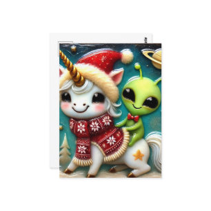 Carte Postale Festive mignonne Alien de Noël et Unicorn