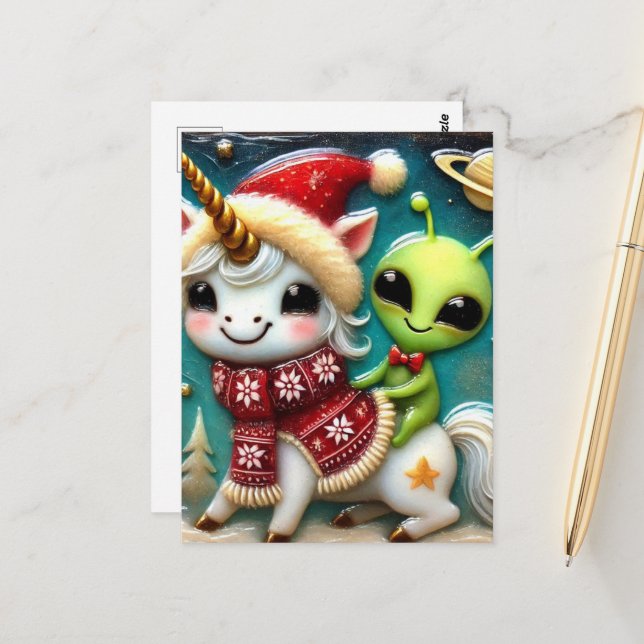 Carte Postale Festive mignonne Alien de Noël et Unicorn (Devant/Arrière en situation)