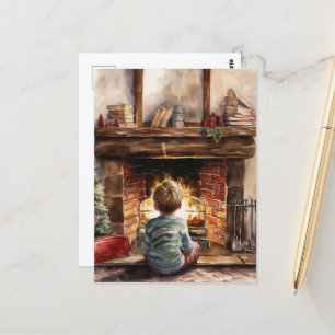 Carte Postale Festive Noël aquarelle cheminée enfant