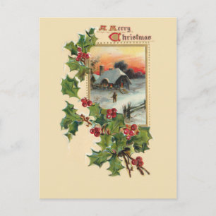 Carte Postale Festive Noël Holly et Rustic Winter Scene