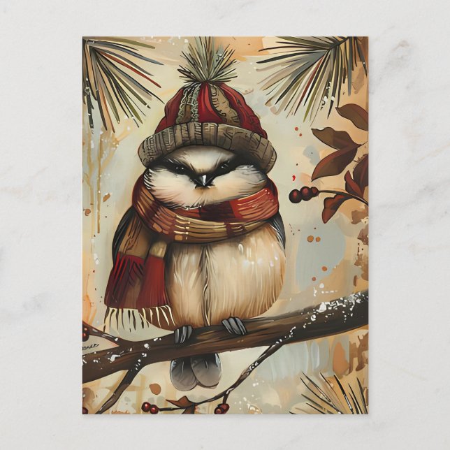 Carte Postale Festive Noël Salutation avec mignon oiseau (Devant)