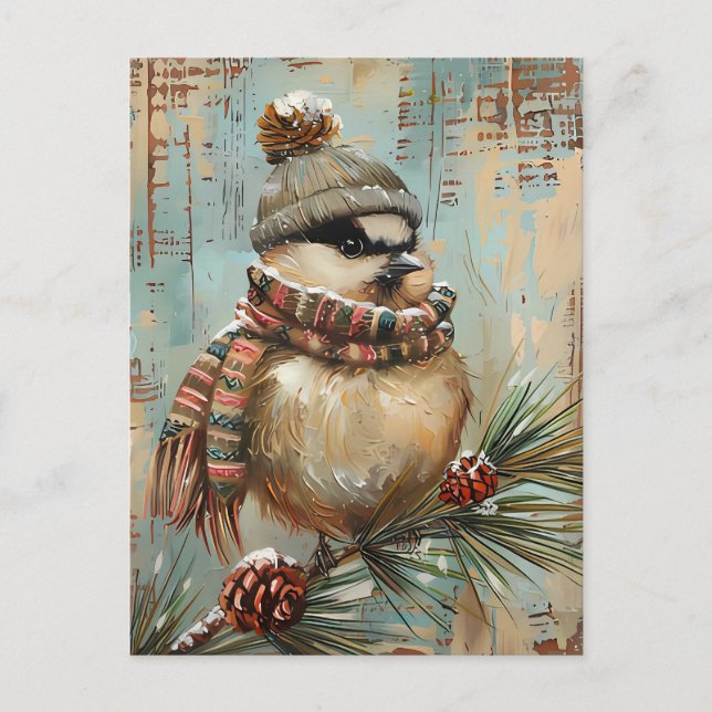 Carte Postale Festive Noël Salutation avec mignon oiseau (Devant)