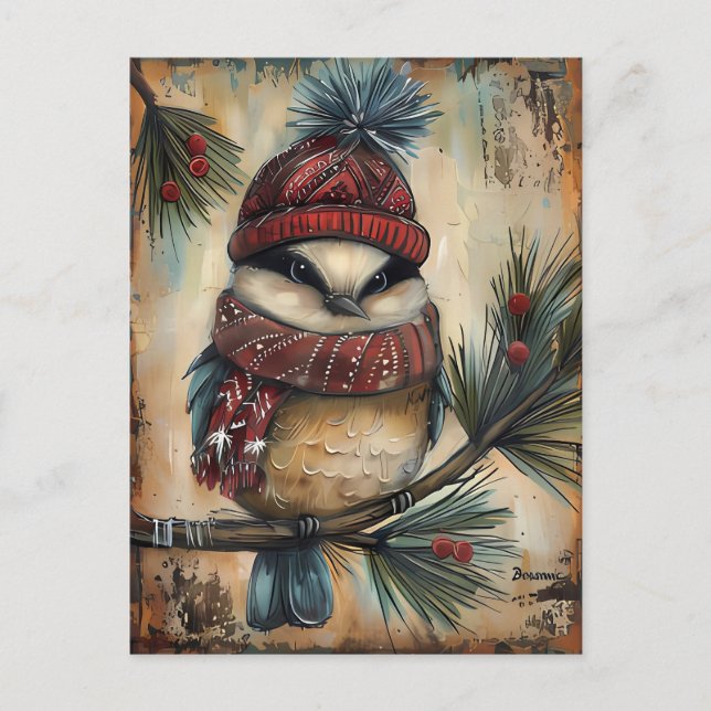Carte Postale Festive Noël Salutation avec mignon oiseau (Devant)