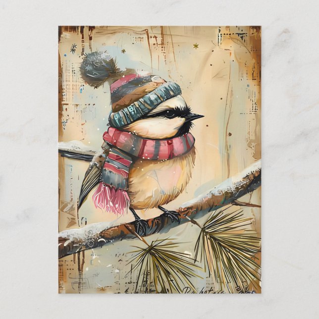 Carte Postale Festive Noël Salutation avec mignon oiseau (Devant)